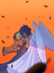  2girls alternate_costume alternate_skin_color antenna_hair autumn_leaves basil_(faraway)_(omori) basil_(omori) black_dress black_gloves black_hair blonde_hair blue_eyes blush braid brown_eyes dark-skinned_female dark-skinned_male dark_skin donuqx double-parted_bangs dress elbow_gloves freckles genderswap genderswap_(mtf) glasses gloves hand_on_another&#039;s_cheek hand_on_another&#039;s_face highres leaf long_hair looking_at_another low_twin_braids mincy_(omori) multiple_girls omori open_mouth orange_background parted_lips red-framed_eyewear short_hair smile twin_braids twitter_username white_dress yuri 