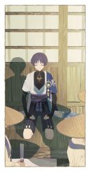  3boys arm_armor artist_name back black_shirt black_shorts blue_gemstone blue_vest blunt_ends border brown_hat chinikuniku closed_eyes closed_mouth commentary_request door floor full_body gem genshin_impact gold hand_up hat highres holding jewelry jingasa leaf long_sleeves male_focus mandarin_collar multiple_boys necklace no_headwear official_alternate_costume open_clothes open_vest parted_bangs pom_pom_(clothes) purple_hair ring scaramouche_(genshin_impact) seiza shadow shirt short_hair short_sleeves shorts sitting sleeveless sleeveless_shirt solo_focus two-tone_vest vest vision_(genshin_impact) wanderer_(genshin_impact) watermark white_border white_shirt white_vest 