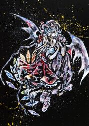  2girls ascot bat_wings blonde_hair blue_hair crystal crystal_wings flandre_scarlet hat hat_ribbon ikeda_ruriko mob_cap multiple_girls one_side_up puffy_short_sleeves puffy_sleeves red_eyes red_skirt red_vest remilia_scarlet ribbon short_hair short_sleeves siblings side_ponytail sisters skirt skirt_set touhou vest white_hat wings 