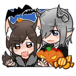  2girls :d animal_ear_fluff animal_ears assault_lily bat_(animal) black_horns black_jacket blue_background blue_eyes border bow bowtie brown_hair candy chibi claw_pose commentary_request fang fangs food fur-trimmed_jacket fur_trim grey_hair hair_over_one_eye half_updo halloween halloween_costume hands_up highres holding holding_pumpkin horns jacket karasawa_aisa kasa_(kasa_mayulove) kemonomimi_mode long_hair long_sleeves looking_at_another looking_at_viewer medium_hair multiple_girls open_mouth orange_eyes outside_border pointy_ears ponytail pumpkin pumpkin_hat red_bow red_bowtie sekino_youko simple_background smile tail upper_body white_border wolf_ears wolf_tail 