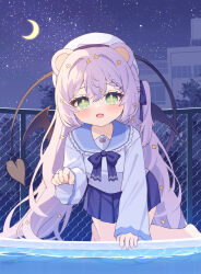  1girl :d all_fours animal_ears bear_ears beret black_wings blue_bow blue_sailor_collar blue_skirt blush bow braid braided_bangs building chain-link_fence commentary_request commission crescent_moon cross-shaped_pupils demon_girl demon_tail demon_wings fang fence green_eyes hair_between_eyes hair_bow hair_intakes hat highres la_peche_party long_hair long_sleeves looking_at_viewer moon night night_sky one_side_up outdoors paw_pose pleated_skirt pool poolside purple_hair sailor_collar satsuki_yukimi school_uniform serafuku shirt shizuki_tsumiki skeb_commission skirt sky sleeves_past_wrists smile solo star_(sky) starry_sky symbol-shaped_pupils tail very_long_hair virtual_youtuber water white_hat white_shirt wings 