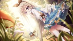  1girl alice&#039;s_adventures_in_wonderland alice_(alice_in_wonderland) alice_(alice_in_wonderland)_(cosplay) animal arm_cutout back_bow black_bow black_hairband black_pants blonde_hair bloomers blue_dress blue_shirt blurry blurry_foreground bow bow_hairband brown_bow clothed_animal clothing_cutout cosplay day dot_nose dress dutch_angle film_grain finger_to_mouth flower from_behind game_cg grin hair_between_eyes hairband hand_on_own_knee hand_up index_finger_raised izumi_tsubasu leaning_forward lens_flare long_hair looking_at_viewer looking_back mushroom nature non-web_source official_art outdoors pants pink_flower pink_rose plant pocket_watch re:stage! rose running sakura_miu shirt shushing smile socks sparkle tree vines violet_eyes watch white_bow white_rabbit_(alice_in_wonderland) white_socks yellow_bloomers 