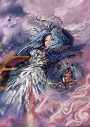  1girl 2b-ge blue_eyes blue_hair breasts chinese_commentary clouds cloudy_sky dress highres jewelry kumoi_ichirin long_hair medium_breasts one-hour_drawing_challenge one_eye_closed pendant sky touhou two-tone_dress unzan 