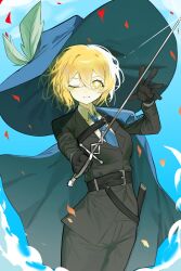  1girl ;d belt black_coat blonde_hair blue_necktie cinq_association_east_uniform coat collared_shirt contrapposto day don_quixote_(project_moon) double-parted_bangs falling_leaves fedora hair_between_eyes hand_up hat hat_feather highres holding holding_polearm holding_weapon lance leaf limbus_company looking_at_viewer necktie official_alternate_costume one_eye_closed orara_10 outdoors oversized_hat polearm project_moon shirt short_hair sidelighting smile solo sparkling_eyes weapon white_shirt 