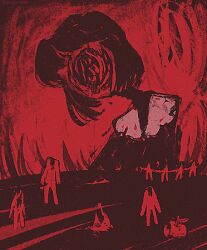  1girl blunt_ends body_horror english_commentary faceless gestart333 headless horror_(theme) lowres medium_hair monochrome original parted_bangs people red_theme 