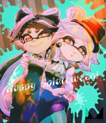  +_+ 2girls arm_around_shoulder ascot black_hair black_hat brown_eyes callie_(splatoon) chichi_band cousins dress dress_shirt dutch_angle english_text fedora formal_clothes green_pantyhose grey_hair half-closed_eyes happy_halloween hat holding_hands long_dress long_hair long_sleeves marie_(splatoon) mole mole_under_eye multiple_girls paint_splatter pantyhose pinafore_dress pointy_ears raised_eyebrow shirt short_dress side-by-side sleeveless sleeveless_dress splatoon_(series) splatoon_2 strapless strapless_dress swept_bangs tentacle_hair updo very_long_hair white_ascot white_shirt 
