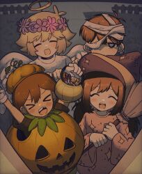  >_< 1girl 3boys :d ^_^ alternate_costume angel angel_wings antenna_hair arms_up aubrey_(faraway)_(omori) aubrey_(omori) basil_(faraway)_(omori) basil_(omori) basket black_eyes black_hair blonde_hair blush broom brown_hair candy chipped_tooth closed_eyes dark-skinned_male dark_skin double-parted_bangs fake_halo fake_wings fence flower flower_wreath food gloves hair_between_eyes halloween_costume halo head_wreath highres holding holding_basket holding_broom kel_(faraway)_(omori) kel_(omori) long_hair long_sleeves looking_at_viewer low_twintails mewowem_omo multiple_boys mummy_costume night omori open_mouth outdoors picket_fence short_hair short_sleeves sidelocks sidewalk smile sunny_(omori) teeth tongue twintails upper_teeth_only white_gloves wings wooden_fence xd 