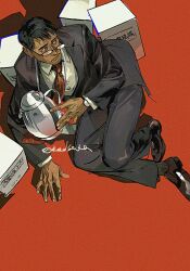  1boy beard_stubble black_hair black_shoes box brown_eyes brown_suit chinese_text closed_mouth coffee_pot collared_shirt facial_hair glasses grey_socks hand_on_floor highres hugging_object jewelry looking_to_the_side male_focus mature_male necktie old old_man on_floor original parted_hair red_background red_necktie redsakaone ring shirt shoes short_hair sitting socks solo striped_necktie stubble suit watch watch white_shirt 