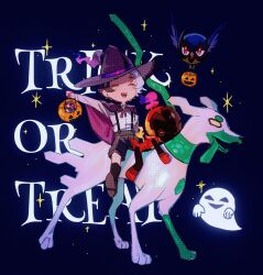  1boy :d aged_down alternate_color amethio_(pokemon) charcadet closed_eyes commentary_request copituji halloween halloween_bucket happy hat highres long_sleeves male_focus open_mouth pokemon pokemon_(anime) pokemon_(creature) pokemon_horizons pokemon_tower_ghost riding riding_pokemon rookidee shiny_pokemon shirt shoes short_hair shorts sitting smile socks sparkle suspenders teeth trick_or_treat upper_teeth_only zygarde zygarde_(10) 