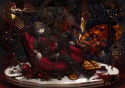  1boy absurdly_detailed_composition absurdres ambiguous_red_liquid artist_name bird black_boots black_jacket black_pants boots brown_hair candy chair commentary cyawa food fork highres jack-o&#039;-lantern jacket knee_boots knee_up loaded_interior male_focus open_clothes open_jacket original pants plate pumpkin red_eyes red_shirt shirt short_hair silk solo spider_web symbol-only_commentary watermark 
