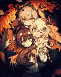  1girl 2boys absurdres alternate_costume back_bow bandaged_hand bandaged_head bandages bare_shoulders black_bow black_hair black_hat black_ribbon black_thighhighs blue_eyes blue_skirt blush bow bucket buttons caelus_(honkai:_star_rail) cape collared_shirt cowboy_shot crown_hair_ornament dan_heng_(honkai:_star_rail) demon_horns demon_wings detached_sleeves english_commentary english_text eyeliner fingernails flower frills ghost green_vest grey_eyes grey_hair haiiro_(frabilovelove) hair_between_eyes hair_flower hair_ornament hairclip halloween halloween_bucket halloween_costume hand_up happy_halloween hat hat_bow hat_ornament highres holding holding_bucket honkai:_star_rail honkai_(series) horns long_sleeves makeup march_7th_(honkai:_star_rail) mini_wings miniskirt multicolored_eyes multiple_boys neck_ribbon one_eye_closed open_mouth orange_bow orange_cape orange_eyes orange_sleeves pink_hair puffy_long_sleeves puffy_sleeves red_eyeliner ribbon shirt short_hair sidelocks skirt smile standing star_(symbol) thigh-highs torn_cape torn_clothes trailblazer_(honkai:_star_rail) vest violet_eyes white_shirt wings witch_hat 