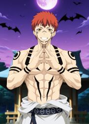  1boy absurdres arm_tattoo black_nails chest_tattoo cosplay cosplay_photo crossover domain_expansion emiya_shirou extra_eyes facial_tattoo fate/stay_night fate_(series) forehead_tattoo four_eyes halloween highres japanese_clothes jujutsu_kaisen looking_at_viewer male_focus muscular orange_hair pectorals photo_(medium) red_eyes red_hair reiichi_543448 ryoumen_sukuna_(jujutsu_kaisen) ryoumen_sukuna_(jujutsu_kaisen)_(cosplay) short_hair shoulder_tattoo smile spiky_hair tattoo wrist_tattoo yellow_eyes 