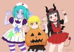  3girls apron aqua_hair artist_name bandaid bandaid_on_leg bare_legs belt belt_buckle black_belt black_choker black_dress black_hair black_horns black_sleeves black_wings blonde_hair blush_stickers bracelet breasts brown_eyes buckle center_cross_lace cherry_print choker claw_pose closed_mouth collarbone collared_dress colored_skin cross demon_costume demon_tail demon_wings dot_nose dress elbow_blush expressionless fake_horns fang food_print forehead frilled_sleeves frills fruit_print green_eyes grey_skin hachikuji_mayoi hair_between_eyes hair_flaps hairband halloween halloween_costume hands_up hat high_collar horn_hairband horns itoma_mahimahi jack-o&#039;-lantern_cutout jewelry leaning_to_the_side light_blush long_hair low_wings medium_hair monogatari_(series) multiple_girls nurse_cap ononoki_yotsugi oshino_shinobu paint_splatter parted_bangs peter_pan_collar pointy_ears puffy_short_sleeves puffy_sleeves pumpkin_costume purple_dress purple_thighhighs red_cross red_dress red_hairband short_bangs short_sleeves short_twintails small_breasts smile spiked_bracelet spikes splatter stitched_face stitched_hand stitched_leg stitched_neck stitches striped_clothes striped_thighhighs swept_bangs tail thick_eyebrows thigh-highs triangle_mouth trident_print twintails two-tone_thighhighs watermark white_apron white_thighhighs wings yellow_eyes zettai_ryouiki zombie_costume 