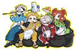 1girl 3boys blue_jacket blue_track_suit boots braid brown_boots candy double_bun eating enjin_(gachiakuta) food full_body gachiakuta green_eyes green_jacket green_track_suit hair_bun highres jacket jersey_maid maid majin_3699 mop multiple_boys omelet omurice pants red_hair red_track_suit riyo_reaper rudo_surebrec side_braids simple_background track_suit twin_braids unconventional_maid white_background yellow_jacket yellow_pants yellow_track_suit zanka_nijiku 