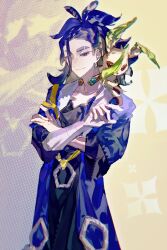  1boy adaman_(pokemon) bandaged_arm bandages blue_hair brown_eyes chuanjianhuangjiuneglect clothing_request cowboy_shot eyebrow_cut hair_pulled_back half_updo highres leafeon looking_at_viewer male_focus multicolored_hair on_shoulder pokemon pokemon_(creature) pokemon_legends:_arceus pokemon_on_shoulder solo thick_eyebrows two-tone_hair 