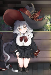  1girl :d absurdly_long_hair arm_at_side bench black_hat black_jacket black_skirt blue_archive blush book bow bowtie braid breasts brown_eyes brown_shoes collared_shirt commentary_request crossed_bangs diagonal-striped_bow diagonal-striped_bowtie diagonal-striped_clothes dress_shirt eri_(blue_archive) from_above from_side full_body grey_hair hair_between_eyes hair_bobbles hair_ornament halo hat hat_ribbon highres jacket kuromiko_shoujo large_breasts long_hair long_sleeves looking_at_viewer looking_up miniskirt on_bench open_clothes open_jacket open_mouth outdoors park_bench pleated_skirt red_bow red_bowtie red_ribbon ribbon shirt shoes single_braid skirt smile solo striped_bow striped_bowtie striped_clothes very_long_hair white_shirt wide_sleeves witch witch_hat yellow_halo 