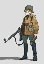 1girl absurdres assault_rifle black_boots blonde_hair blue_eyes boots camouflage camouflage_hoodie commentary commission cross english_commentary explosive full_body green_helmet grenade grin gun helmet highres holding holding_grenade holding_gun holding_weapon hood hoodie iron_cross knee_boots mg_g pouch rifle smile solo stg44 tanya_degurechaff watermark weapon youjo_senki 