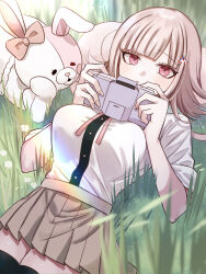  1girl bow breasts brown_hair brown_skirt collared_shirt danganronpa_(series) danganronpa_2:_goodbye_despair diaper ear_bow flipped_hair hair_ornament handheld_game_console highres holding holding_handheld_game_console large_breasts looking_at_viewer lying medium_hair miniskirt monomi_(danganronpa) nanami_chiaki neck_ribbon no_jacket on_back pink_eyes pink_ribbon pleated_skirt ribbon runchelnln shirt shirt_tucked_in short_sleeves skirt thigh-highs two-tone_shirt white_shirt zettai_ryouiki 