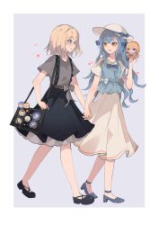  2girls absurdres ampheta bag bang_dream! bang_dream!_it&#039;s_mygo!!!!! black_bag black_shirt blonde_hair blue_bow blue_hair blue_shirt blush border bow character_doll chinese_commentary commentary_request doll grey_background grey_shirt hair_bow hat heart highres holding_hands interlocked_fingers itabag long_hair medium_hair misumi_uika multiple_girls open_mouth shirt short_hair shoulder_bag sidelocks simple_background skirt togawa_sakiko violet_eyes white_border white_hat white_skirt yellow_eyes yuri 