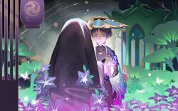  1boy 1girl abstract_background artist_name black_tank_top blue_eyes blue_pupils bridal_gauntlets closed_mouth covered_collarbone electro_symbol_(genshin_impact) english_commentary ethylene_ty feathers flower from_behind genshin_impact glowing hair_between_eyes hat highres japanese_clothes jewelry kimono light_particles long_sleeves looking_down male_focus mitsudomoe_(shape) mother_and_son multicolored_eyes multicolored_hair outdoors pendant plant purple_flower purple_hair purple_kimono purple_veil raiden_shogun reaching reaching_towards_another scaramouche_(genshin_impact) shade short_hair short_sleeves shorts sky standing star_(sky) starry_sky tank_top tomoe_(symbol) upper_body veil vision_(genshin_impact) wanderer_(genshin_impact) wide_sleeves 