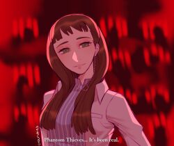  1girl 2021 atlus blue_shirt brown_hair crocrubies green_eyes hair_between_eyes highres ichinose_kuon lab_coat long_hair mature_female persona persona_5 persona_5_scramble:_the_phantom_strikers red_background scientist shirt smile smirk spoilers 
