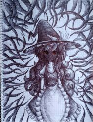  1girl apron bow braid check_commentary commentary commentary_request frilled_sleeves frills greyscale hair_bow hat hat_bow hatching_(texture) herushiart highres hollow_eyes horror_(theme) kirisame_marisa long_hair monochrome no_mouth shaded_face short_sleeves side_braid signature single_braid solo spanish_commentary tentacles touhou touhou_igyoukyo traditional_media variant_marisa waist_apron witch_hat 