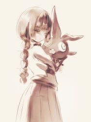  1girl ars_lycorys beads black_hair blunt_bangs braid braided_ponytail closed_eyes hair_beads hair_ornament highres hugging_object long_hair long_pointy_ears long_skirt looking_at_viewer madotsuki monochrome pointy_ears shadow shirt skirt solo stuffed_animal stuffed_toy sweater turning_around turtleneck turtleneck_sweater white_background yume_nikki 