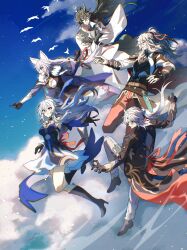  2girls 3boys animal_ear_fluff animal_ears baiheng_(honkai:_star_rail) belt_buckle bird black_hair blade_(honkai:_star_rail) blue_hair blue_sky boots bracer buckle chinese_clothes clouds coattails commentary_request dan_feng_(honkai:_star_rail) dan_heng_(honkai:_star_rail) dan_heng_(imbibitor_lunae)_(honkai:_star_rail) dragon_boy dragon_horns dress fox_ears fox_girl fur_trim gloves green_eyes high-cloud_quintet_(honkai:_star_rail) high_heel_boots high_heels highres honkai:_star_rail honkai_(series) horns jing_yuan jingliu_(honkai:_star_rail) long_hair lux_stellae multiple_boys multiple_girls pants pointy_ears purple_hair red_eyes ribbon shoes skirt sky tassel thigh_strap very_long_hair violet_eyes white_hair yellow_eyes yingxing_(honkai:_star_rail) 