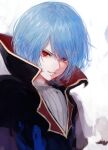  1boy blue_hair blue_jacket character_request copyright_request eyebrows_behind_hair highres iothree7 jacket looking_at_viewer male_focus parted_lips portrait red_eyes sketch smile solo v-shaped_eyebrows white_background 