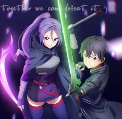 belt black_cloak black_hair cloak commentary_request dress english_text grin hair_ornament holding holding_scythe holding_sword holding_weapon kirito long_hair long_sleeves mito_(sao) nuguri444 ponytail purple_dress purple_hair red_eyes scythe short_hair smile sword sword_art_online sword_art_online_progressive weapon x_hair_ornament 