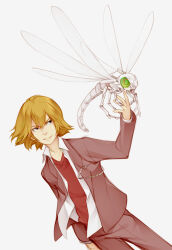  1boy biomechanical blonde_hair brown_eyes brown_jacket brown_pants brown_suit bug chain collared_shirt commentary cowboy_shot dark_matter_(kakine_teitoku) dragonfly dutch_angle english_commentary green_eyes hair_between_eyes hand_up highres jacket joints kakine_teitoku kakine_teitoku_(post-revival) layered_sleeves long_sleeves male_focus multiple_wings non-humanoid_robot nose open_clothes open_jacket open_shirt orange_eyes pants red_sweater robot robot_animal science_fiction shirt short_hair simple_background smile solo spread_wings standing suit sweater toaru_majutsu_no_index toaru_majutsu_no_index:_new_testament transparent_wings v-neck v-shaped_eyebrows vilatile white_background white_shirt wings 