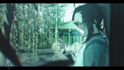  1boy absurdres arm_armor artist_logo bamboo bamboo_forest black_hair closed_mouth commentary_request cup english_commentary forest from_side grey_eyes hand_up highres holding holding_cup letterboxed logo long_hair male_focus mixed-language_commentary nature partial_commentary ponytail qiuyuan_(wuthering_waves) quragenomiken solo tacet_mark_(wuthering_waves) upper_body wuthering_waves 