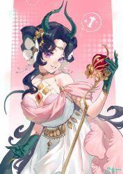  1girl absurdres anjo_nala apple artist_name bare_shoulders bitten_apple black_hair dated demon_girl demon_horns dress flower food food_bite fruit gloves gold_choker green_gloves grin hair_flower hair_ornament hand_up highres holding holding_food holding_fruit horns jiuxin_shaoyu_dokidoki long_hair looking_at_viewer official_alternate_costume pink_background pole reverse:1999 signature sleeveless sleeveless_dress smile solo sparkle spoken_food turning_head upper_body violet_eyes white_dress white_flower 