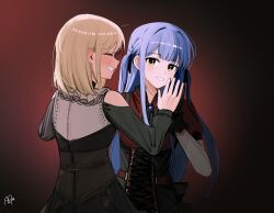  2girls ascot bang_dream! bang_dream!_it&#039;s_mygo!!!!! black_ascot black_corset black_gloves blonde_hair blue_hair blush brooch closed_eyes clothing_cutout commentary_request corset doloris_(bang_dream!) gloves haidao_mao highres holding_hands jewelry long_hair medium_hair misumi_uika multiple_girls oblivionis_(bang_dream!) open_mouth red_background red_shirt shirt short_sleeves shoulder_cutout sidelocks togawa_sakiko two_side_up yellow_eyes 