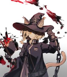  1girl adjusting_clothes adjusting_headwear animal_ears arknights black_coat black_gloves black_hat blonde_hair book cat_ears cat_girl cat_tail chain closed_mouth coat coffee_toranpu commentary_request cuffs ears_through_headwear floating floating_book floating_object gloves hat hat_belt haze_(arknights) highres jacket long_sleeves looking_at_viewer orange_eyes shackles smile solo tail upper_body witch_hat 