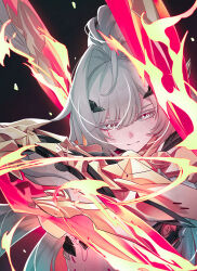  1girl absurdres armored_gloves chinese_commentary closed_mouth commentary_request erdos_helia erdos_helia_(planar_armament:_warped_spacetime) fire grey_hair hair_intakes highres holding holding_sword holding_weapon honkai_(series) honkai_impact_3rd long_hair m78_zaitaoaotezhanshi midriff mole mole_under_eye scar scar_across_eye scar_on_face solo sword upper_body weapon yellow_eyes 