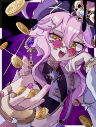  1girl @_@ ama_some_(kr0ri) arabian_clothes detached_sleeves dori_(genshin_impact) genshin_impact hand_on_own_cheek hand_on_own_face hat highres looking_at_viewer looking_over_eyewear mora_(genshin_impact) pince-nez puffy_detached_sleeves puffy_sleeves purple_hat red-tinted_eyewear short_hair_with_long_locks solo sunglasses symbol-shaped_pupils tinted_eyewear upper_body vision_(genshin_impact) x-shaped_pupils 