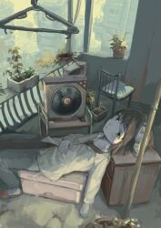  1girl bin_jiang bottle brown_eyes brown_hair chair commentary_request original partial_commentary plant potted_plant short_hair solo water_bottle 