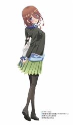  1girl :d arched_back artist_request black_jacket black_pantyhose black_shoes blazer blue_cardigan blue_eyes blush brown_hair cardigan commentary_request from_behind full_body go-toubun_no_hanayome green_skirt hair_between_eyes headphones headphones_around_neck highres jacket loafers long_hair looking_at_viewer looking_back loosely_tucked_bangs miniskirt nakano_miku open_mouth pantyhose pleated_skirt school_uniform shoes simple_background skirt smile solo standing white_background 