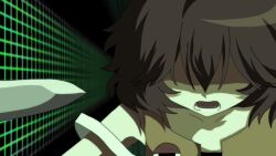  1other androgynous bare_shoulders eye_of_senri higurashi_no_naku_koro_ni holding holding_knife imminent_death imminent_suicide knife kuzu_suzumi len&#039;en lower_teeth_only open_mouth other_focus renlei_jing_shi_wo_ziji scene_reference shaded_face solo teeth upper_body 