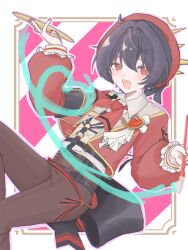  1boy :d ahoge armband ascot beret black_armband black_hair bow brooch brown_pants chain chest_harness collared_shirt commentary_request craftmonster_(ensemble_stars!) ensemble_stars! fangs frilled_sleeves frills gold_chain hair_between_eyes harness hat hat_bow hat_ribbon heart heart_brooch highres holding holding_paint_palette holding_paintbrush inset_border jewelry leaning_back leg_up long_sleeves male_focus necktie open_mouth paint_palette paintbrush pants puffy_sleeves red_eyes red_nails red_vest ribbon sakuma_ritsu shirt short_hair sidelocks sitting smile solo spiked_hat spikes tumu_ri_o vest white_background 