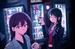  2girls absurdres bang_dream! bang_dream!_it's_mygo!!!!! black_choker black_hair black_jacket black_shirt chinese_commentary choker closed_mouth commentary_request drinking_straw green_eyes haidao_mao hair_between_eyes highres holding_carton jacket jewelry long_hair looking_at_viewer medium_hair midriff multiple_girls necklace open_clothes open_jacket open_mouth red_shirt shiina_taki shirt vending_machine violet_eyes white_jacket yahata_umiri 