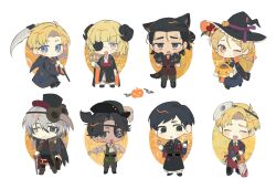  2girls 6+boys absurdres albert_brudzewski_(chi.) animal_ears apron ascot badeni bat_(animal) beard_stubble black_hair black_hat black_jacket black_robe blonde_hair blue_eyes braid brown_eyes brown_vest candlestand cane chainsaw chi.:_chikyuu_no_undou_ni_tsuite chibi chibi_only closed_mouth collared_shirt cosplay cross death_(entity) demon_horns draka_(chi.) eyepatch facial_hair green_vest grey_eyes grey_hair grim_reaper grim_reaper_(cosplay) hair_between_eyes hair_bun halloween halloween_bucket halloween_costume hat heterochromia highres hockey_mask holding holding_candlestand holding_cane holding_chainsaw holding_cross holding_scythe hook_hand horns hubert_(chi.) jack-o&#039;-lantern jacket jason_voorhees jason_voorhees_(cosplay) jolenta mask mask_on_head multiple_boys multiple_girls oczy one_eye_closed open_mouth pants paw_pose pirate_costume pirate_hat plague_doctor plague_doctor_mask priest rafal_(chi.) red_apron red_vest robe scar scar_on_face scar_on_mouth scar_on_nose scythe serien shirt short_hair single_braid stubble sweatdrop swept_bangs tail tears vest werewolf_costume white_ascot white_background white_pants white_shirt witch witch_hat wolf_ears wolf_tail 
