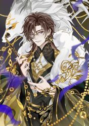  1boy beads belt black_background black_bridal_gauntlets black_cape black_hanfu bracelet bridal_gauntlets brooch brown_hair butterfly_earrings cape chinese_clothes chinese_commentary closed_mouth coin cowboy_shot curtained_hair dice earrings fox fur-trimmed_cape fur_trim glint gold_belt gold_bracelet gold_coin gold_ring gold_trim gongzi_xiyu hair_between_eyes hand_chains hands_up hanfu highres holding holding_smoking_pipe holed_coin hua_yi_shanxin_zhiyue jewelry layered_sleeves lips long_hair long_sleeves looking_at_viewer male_focus monocle official_alternate_costume ring see-through_clothes shirt shoulder_pads side_cape sideways_glance simple_background single_bridal_gauntlet smile smoke smoking_pipe solo standing two-sided_sleeves violet_eyes wen_siyu white_shirt wide_sleeves 