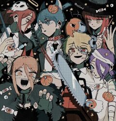  3boys 3girls angel_devil_(chainsaw_man) animal_ears blue_eyes blue_hair chainsaw chainsaw_man cosplay denji_(chainsaw_man) dog fake_animal_ears frankenstein's_monster frankenstein's_monster_(cosplay) group_picture halloween halloween_costume hayakawa_aki highres horns makima_(chainsaw_man) mask multiple_boys multiple_girls mummy_costume pink_hair pochita_(chainsaw_man) power_(chainsaw_man) pumpkin purple_hair red_eyes red_hair reze_(chainsaw_man) skull_mask witch wolf_boy yellow_eyes zelzmd 