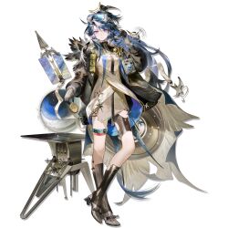  1girl arknights astgenne_(arknights) astgenne_the_lightchaser_(arknights) black_boots blue_eyes blue_hair blue_theme boots bright_pupils brown_dress brown_theme crossed_ankles dress full_body goggles goggles_on_head highres infection_monitor_(arknights) long_hair official_alternate_costume official_art simple_background solo standing tachi-e third-party_source transparent_background white_pupils yuji_(fantasia) 