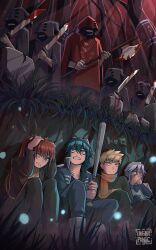  2boys 2girls 5others alternate_costume artist_name bare_tree baseball_bat black_cloak blonde_hair blood blood_on_weapon cloak contemporary cosplay cousins fire_emblem fire_emblem_awakening grass grey_hair hiding highres holding holding_baseball_bat holding_sword holding_weapon infinit_art inigo_(fire_emblem) long_hair lucina_(fire_emblem) multiple_boys multiple_girls multiple_others my_chemical_romance orange_scarf outdoors owain_(fire_emblem) red_cloak red_hair scarf severa_(fire_emblem) short_hair sword teeth tree twintails watermark weapon 