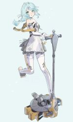  1girl aqua_eyes aqua_hair braid breasts clover_hair_ornament dress elbow_gloves four-leaf_clover_hair_ornament gloves hair_ornament highres long_hair seed_(zenless_zone_zero) segway small_breasts suwa_(swk_kkk) toeless_legwear white_dress zenless_zone_zero 