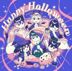  2girls 4boys absurdres alcohol alternate_costume alternate_eye_color aubrey_(headspace)_(omori) aubrey_(omori) basil_(headspace)_(omori) basil_(omori) black_eyes black_hair black_hat blush bow bright_pupils cat closed_mouth cup demon_horns demon_tail demon_wings double-parted_bangs drinking_glass fake_horns fake_tail fake_wings fang fang_out flower flower_wreath food forest_bunny_(omori) genk1zam4s grin hair_between_eyes halloween_costume happy_halloween hat hat_bow hat_ribbon head_wreath hero_(headspace)_(omori) hero_(omori) highres holding holding_cup holding_scythe holding_wand horns kel_(headspace)_(omori) kel_(omori) long_hair long_sleeves looking_at_viewer mari_(headspace)_(omori) mari_(omori) mewo multiple_boys multiple_girls neckerchief omori omori_(omori) one_eye_closed open_mouth pajamas pancake pancake_bunny_(omori) pancake_stack purple_hair purple_sweater_vest red_bow red_neckerchief red_ribbon ribbon scythe short_hair short_sleeves smile striped_clothes striped_pajamas sweater_vest tail teeth vertical-striped_clothes vertical-striped_pajamas violet_eyes wand white_pupils wine wine_glass wings witch_hat 