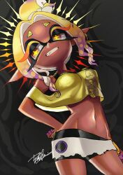  bike_shorts blonde_hair breasts colored_eyelashes colored_fingertips crop_top dark-skinned_female dark_skin dutch_angle earrings fang fish_hook_earrings frye_(splatoon) frye_(splatoon_raiders) half-closed_eyes hand_on_own_hip inkling isamu-ki_(yuuki) jewelry long_eyelashes long_pointy_ears navel pointy_ears shawl short_eyebrows splatoon_(series) splatoon_raiders tentacle_hair yellow_eyes yellow_shawl 